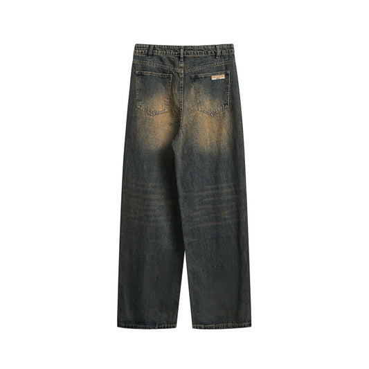 Washed Yellow Mud Color Distressed Loose Straight Leg Jeans