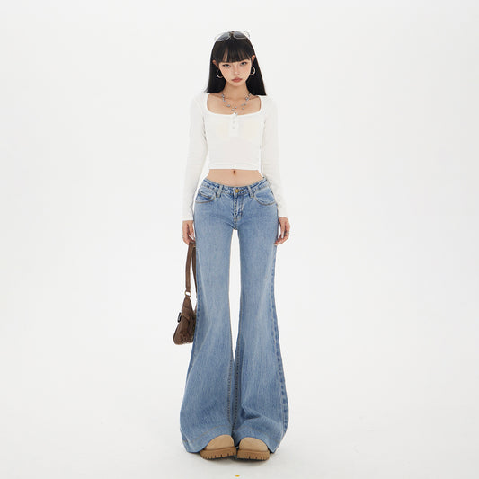 Women's Low Waist Flared Denim Pants - Slimming Elastic Floor-Length Trousers