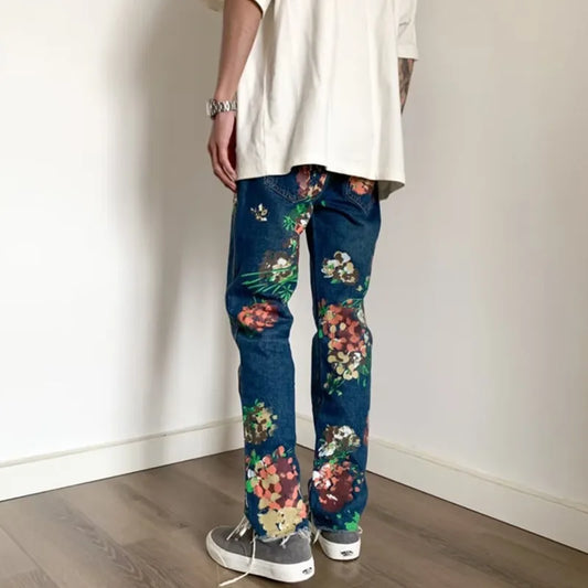 Hand-Painted Floral Graffiti Fringed Small Straight Leg Jeans for Men