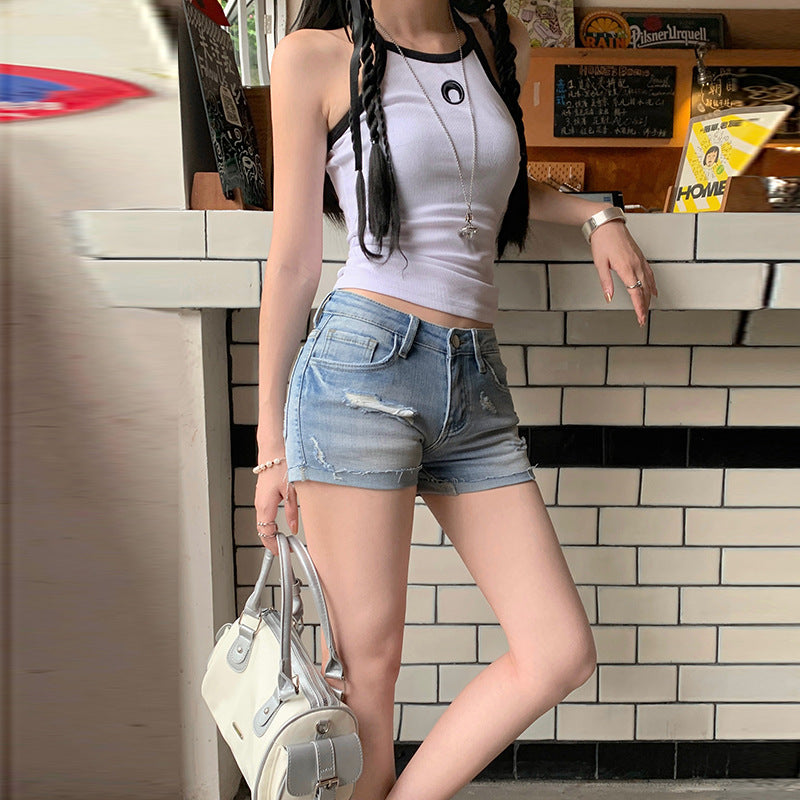 Low Waist Distressed Denim Shorts for Women - Spicy Girl Elastic Cuffed A-Line Hot Pants - Petite Sizes