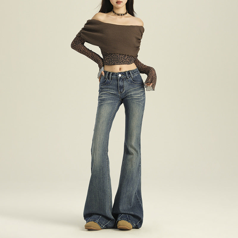 Women's Flared Jeans - Low Waist Slim Fit Ankle-Length Denim Pants