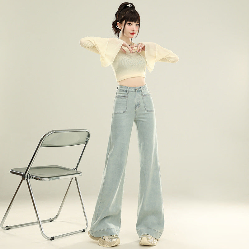 Wide-Leg Denim Pants for Women - Low Waist Loose Flared Trousers