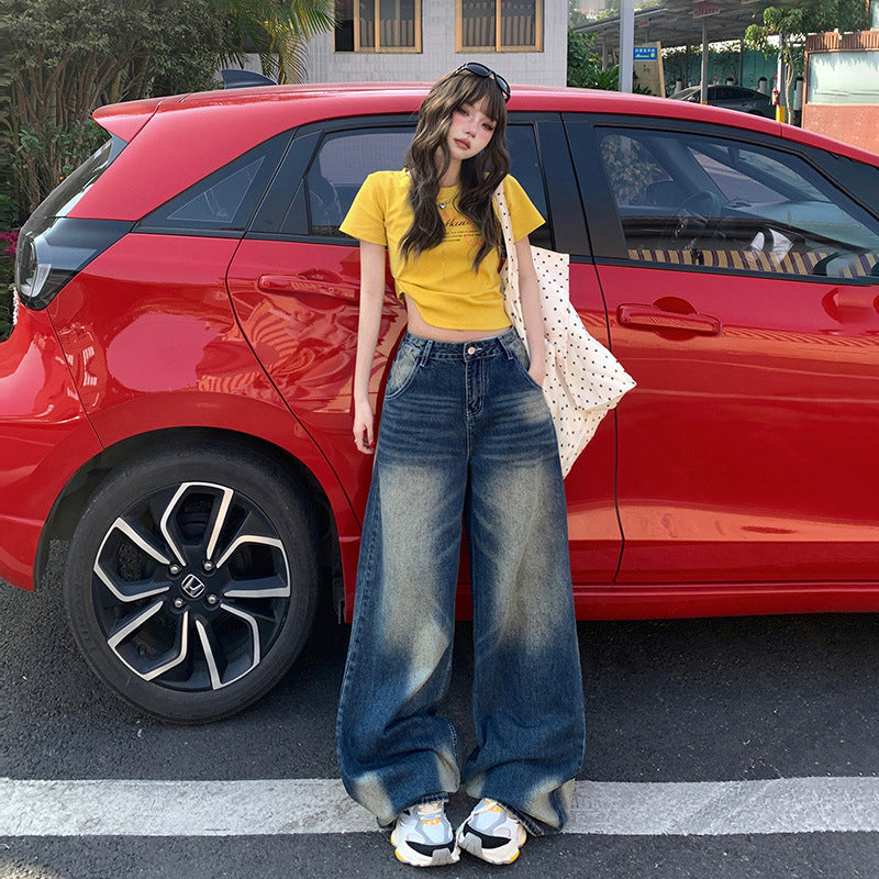 Women's Wide-Leg Jeans - Low-Waist Loose Washed Straight Pants