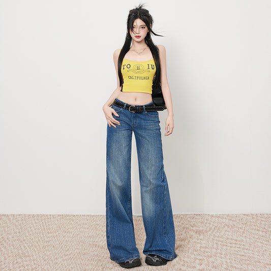 Women's Bamboo Water Washed Straight Leg Jeans - Low Waist Slim Wide Leg Pants