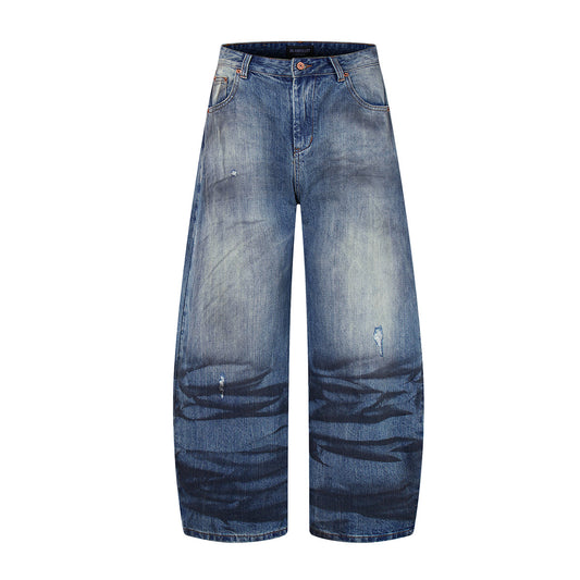 Wash Dirty Dyed Denim Curved Knife Wide Leg Pants