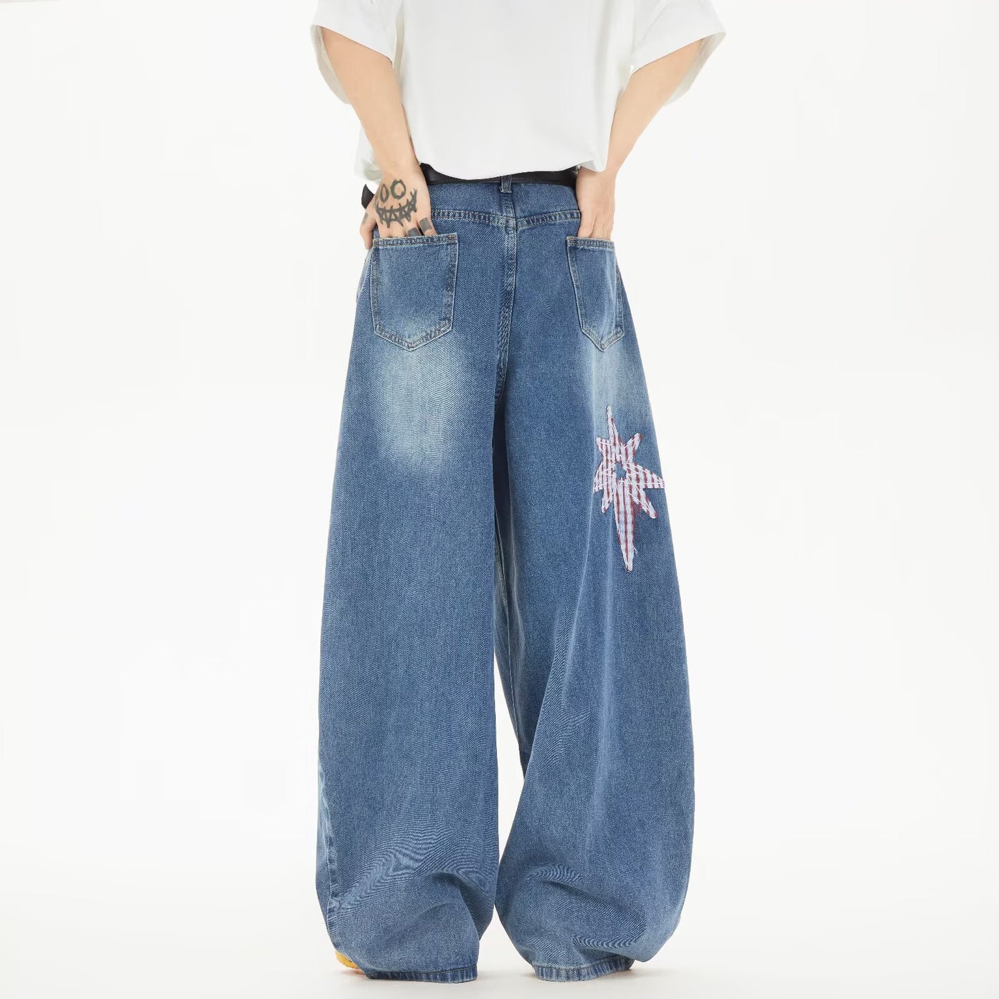 Retro Star Patch Embroidered Denim Wide Legged Casual Pants