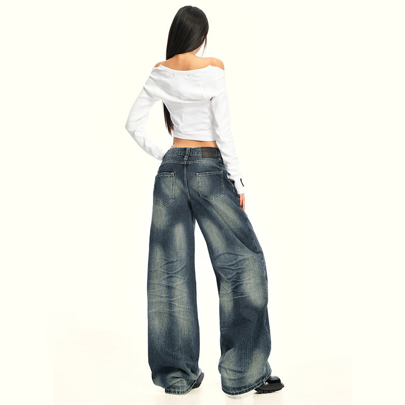 Women's Washed Straight Jeans - Loose Floor-Length Wide-Leg Pants