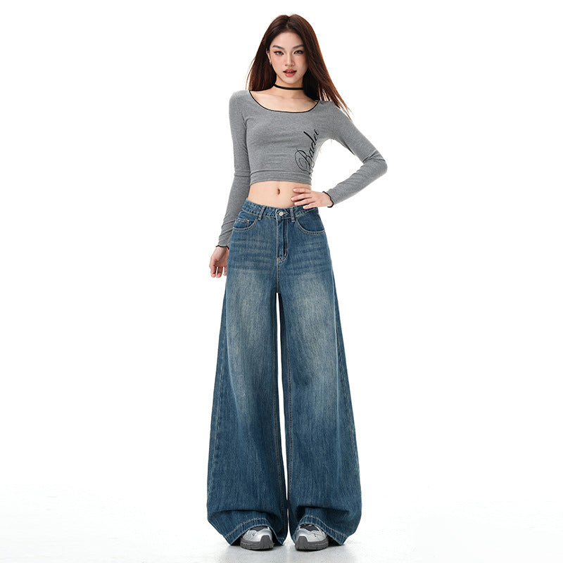 Vintage Blue Wide-Leg Jeans for Women - High Street High-Waist Slimming Loose Straight Ankle-Length Pants