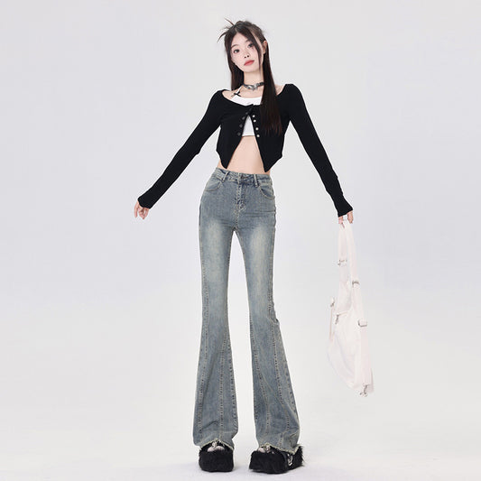 Women's Flared Denim Pants - Drape Slim Wide-Leg Floor-Length Trousers