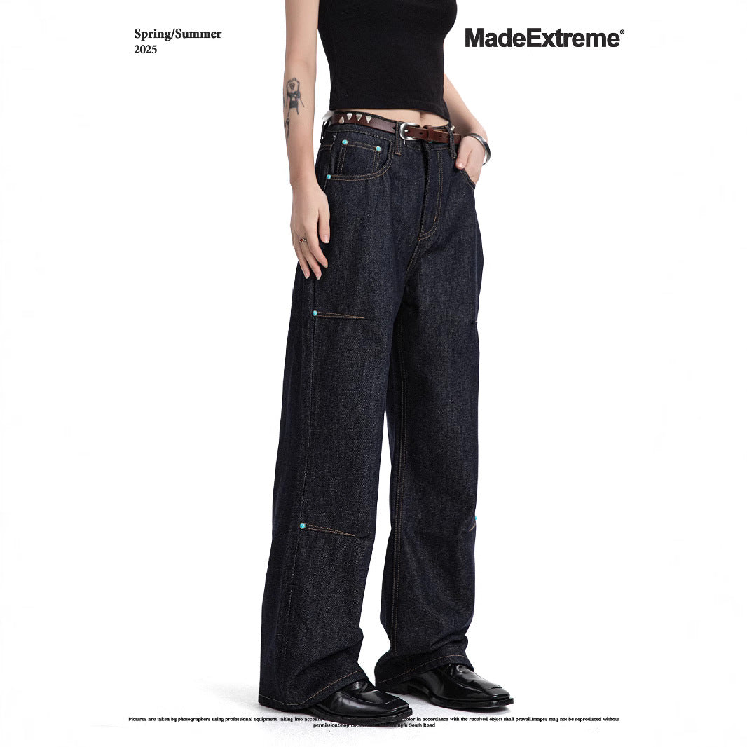 Deep Blue Straight Flared Wide Leg Denim Trousers