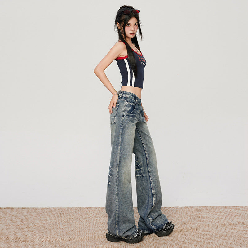 Women's Denim Blue Jeans - Low Waist Slim Fit Straight Leg & Wide Leg Pants