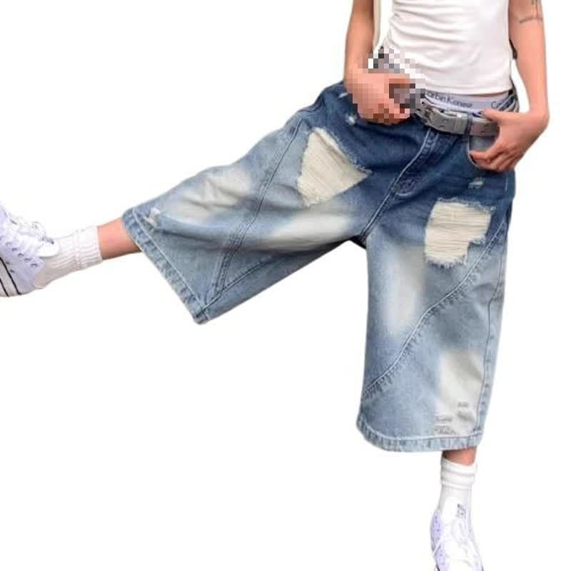 Retro Gradient Washed Distressed Denim Shorts - Unisex Summer Straight Loose Wide Leg