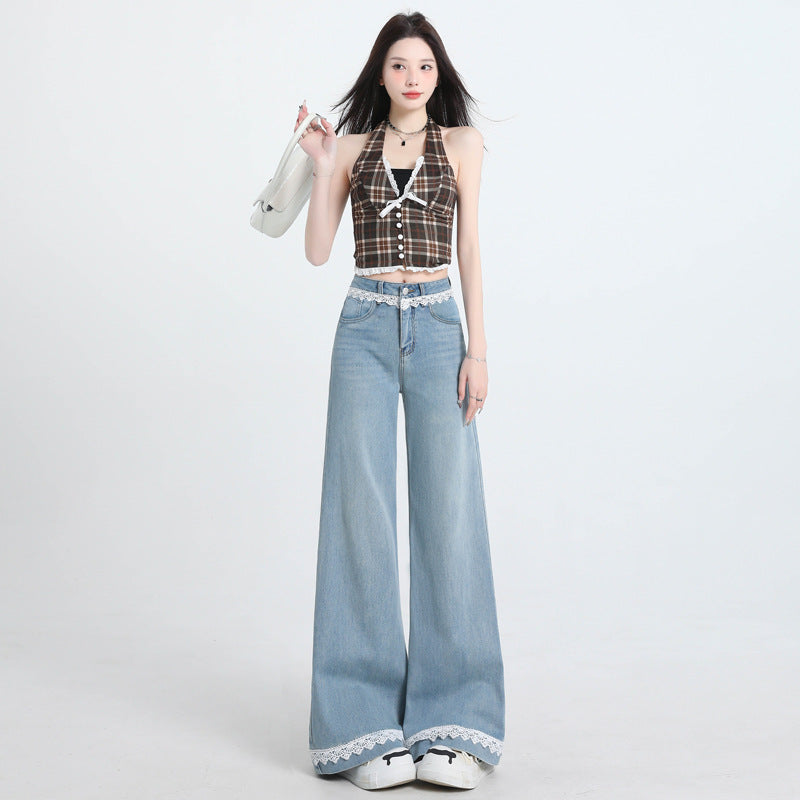 Lace Trim Wide Leg Jeans for Women - Slimming Flared Pants