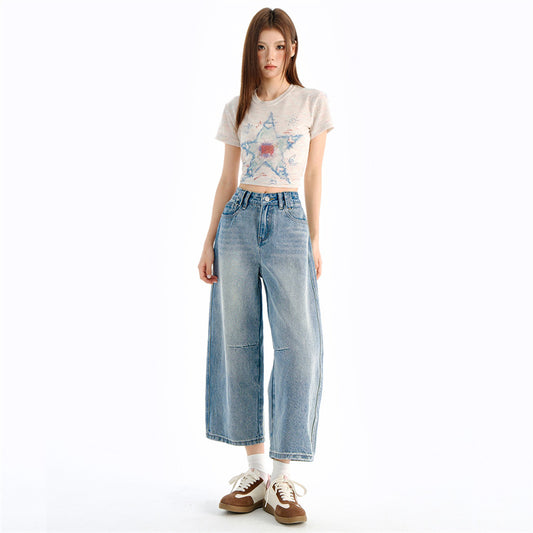 Vintage Washed Calf-Length Denim Pants for Women - Pleated High-Waisted Wide-Leg Trousers