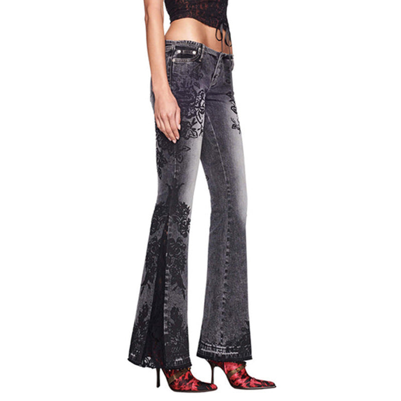 Retro Plant Print Washed Water Slim Fit and Slimming Flared Jeans