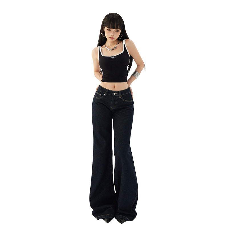 Women's Flared Denim Pants - Deep Blue Slimming Drape Casual Hoof Bell-Bottom Trousers