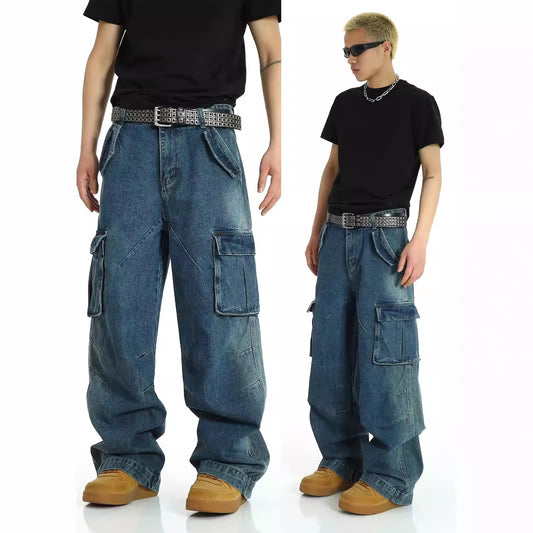 American Retro Multi Pocket Heavy-Duty Jeans for Men - Washed Street Hip-Hop Work Pants