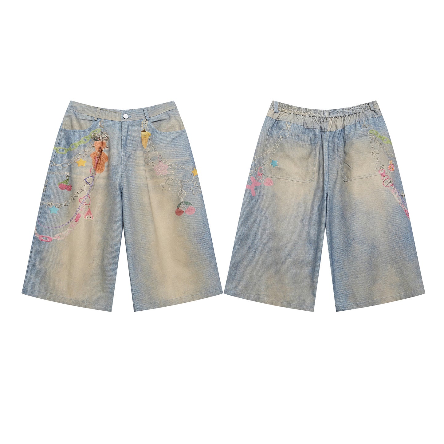Retro Cartoon Chain Print Loose Wide-Leg Mid-Length Denim Shorts for Men
