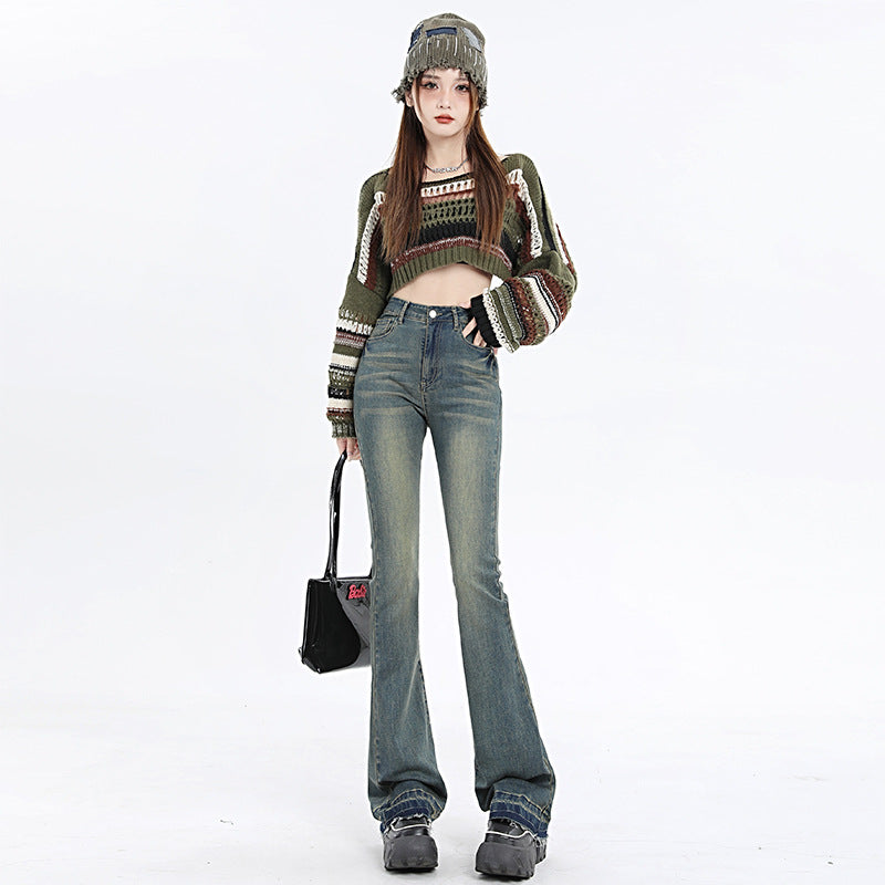 Women's Washed Flared Denim Pants with Vertical Feel Floor-Length Trousers