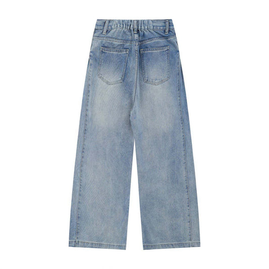 Street Style Washed Vintage Casual Denim Pants - Unisex Loose Wide Leg Straight Trousers