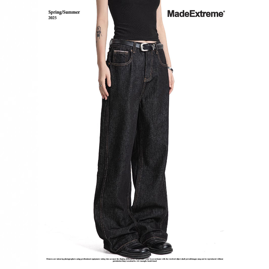 Dark Color Topstitching Straight Loose Commuting Denim Trousers