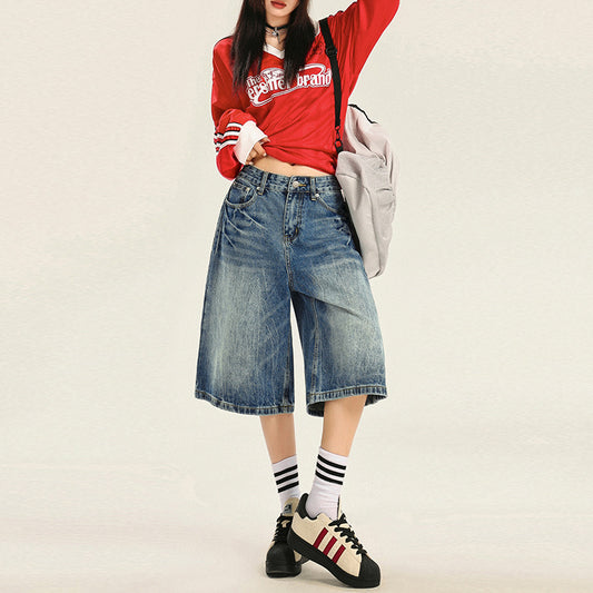 Women's Pattern Seven-Quarter Denim Pants - Washed Straight Leg Trousers