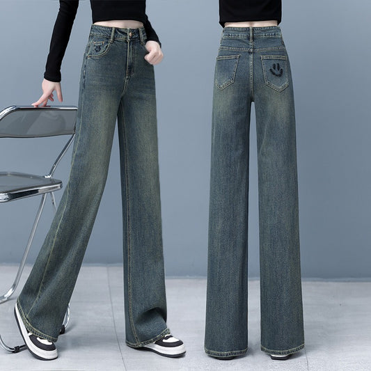 Cement Gray High-Waisted Straight Tube Jeans for Women