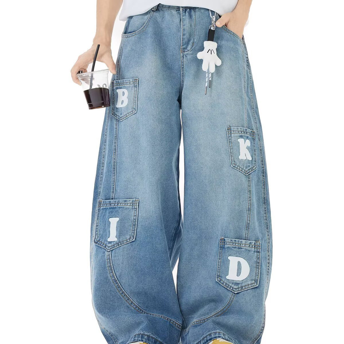 Washed Multi Pocket Design Curved Knife Denim Loose Pants