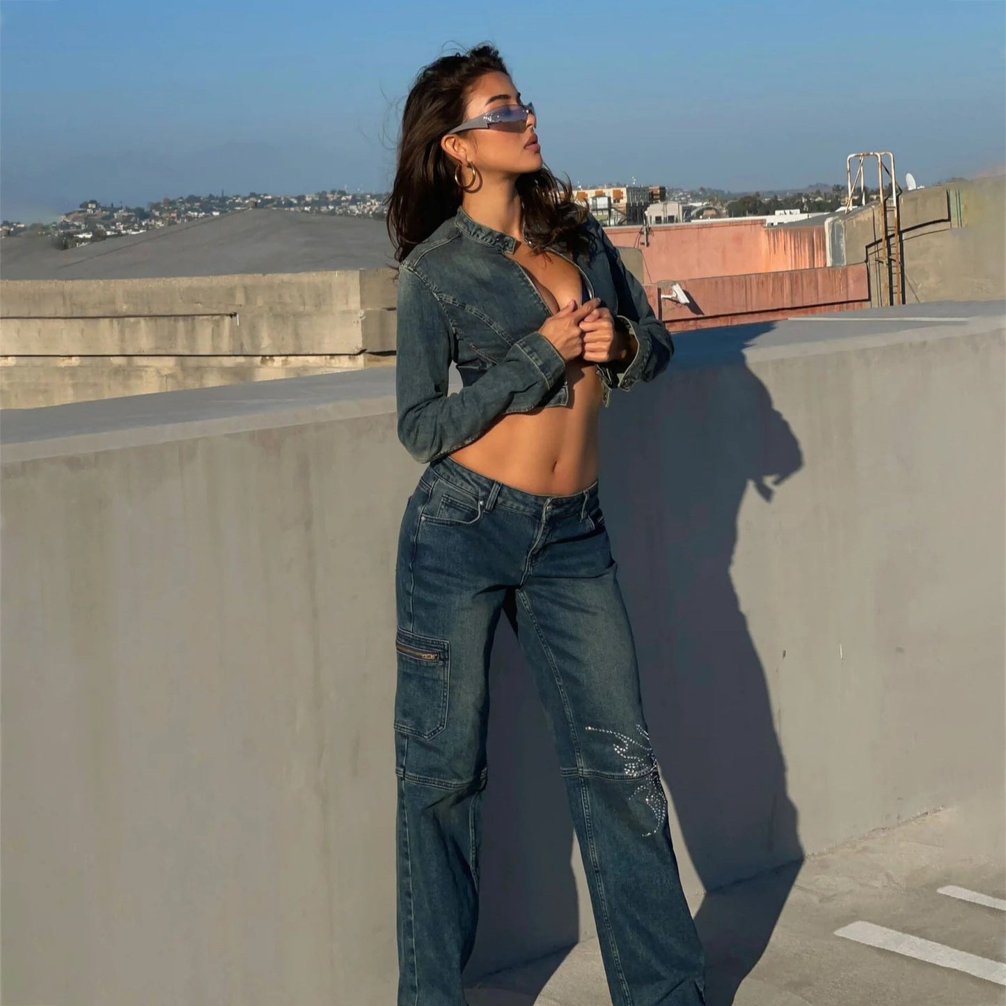 Spicy Girl's Winged Rhinestone Washed Jeans - Custom Wholesale Trendsetter