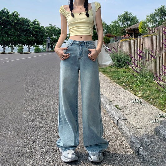 Women's Light Blue High Waist Wide-Leg Jeans – Versatile Summer Pants