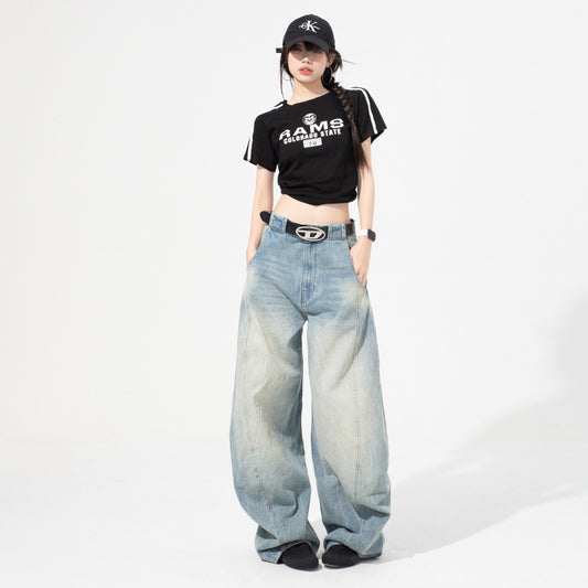Retro Loose Scythe Denim Pants for Women - High Waist Wide Leg Trousers