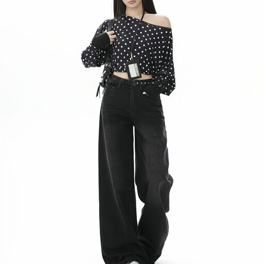 Style Black Gray High Waist Jeans for Women - Loose Slim Straight Leg Wide Leg Long Pants