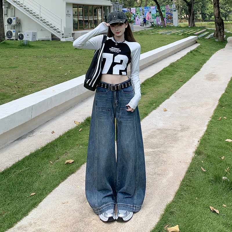 Retro Street Style High-Waist Loose Fit Slimming Versatile Washed Floor-Length Wide-Leg Jeans for Women