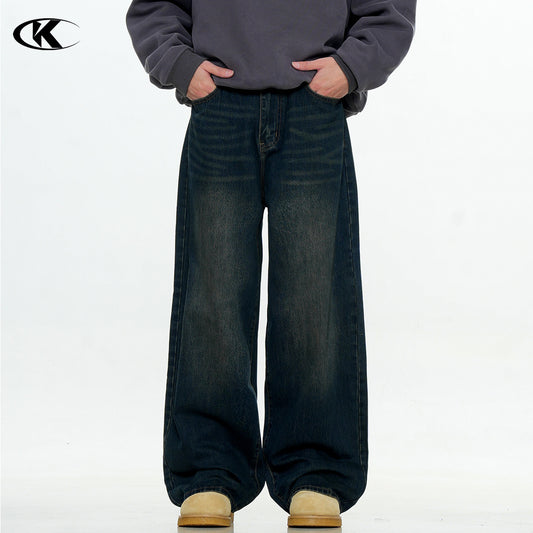 Water-Washed Distressed Loose Wide-Leg Rivet Punk Casual Long Pants