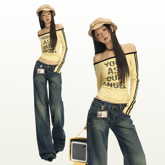 Women's Water-Washed Bamboo Node Pattern Denim Pants - Low Waist Slimming Straight