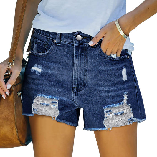 Premium Perforated Elastic Slim Fit Denim Shorts for Women