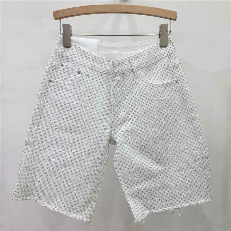 Style Fully Rhinestone Frayed Denim Shorts for Women - High Waist Straight Leg Pants