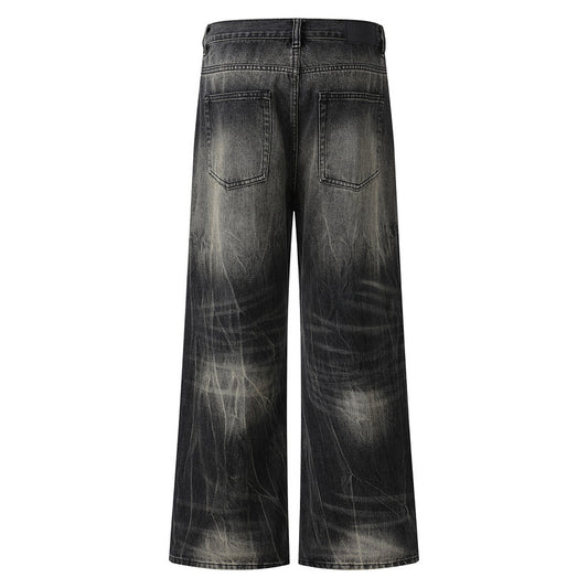 Washed Distressed Lightning Pattern Loose Vertical Flare Denim Pants Unisex