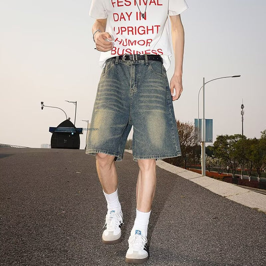 Washed and Worn Semi-Elastic Waist Denim Shorts