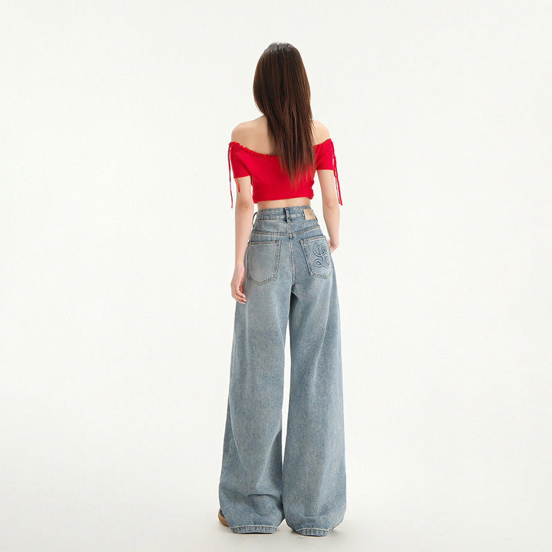 Women's Wide Leg Jeans - Loose Drape Washed Straight Leg Floor Length Pants