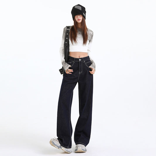 Premium Women's Dark Blue Wide-Leg Long Pants - Japanese Denim