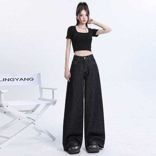 Loose Wide-Leg Denim Pants for Women - High-Waist Draped Straight Ankle-Length Trousers