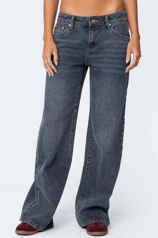 Premium Wide Leg Jeans with Pockets in Dusty Blue