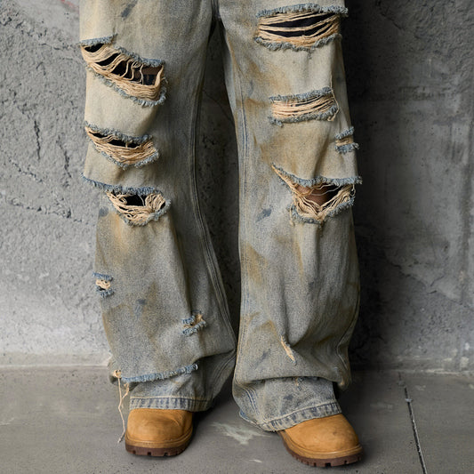 Knife-Shape Loose Straight Leg Distressed Jeans for Men