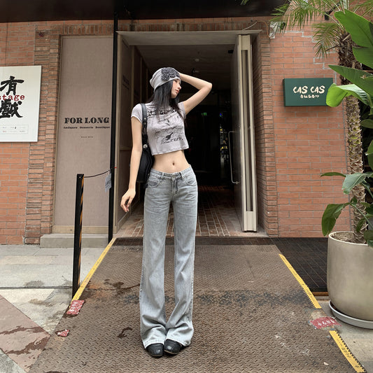 Women's Low Waist Washed Narrow Straight Cigarette Jeans