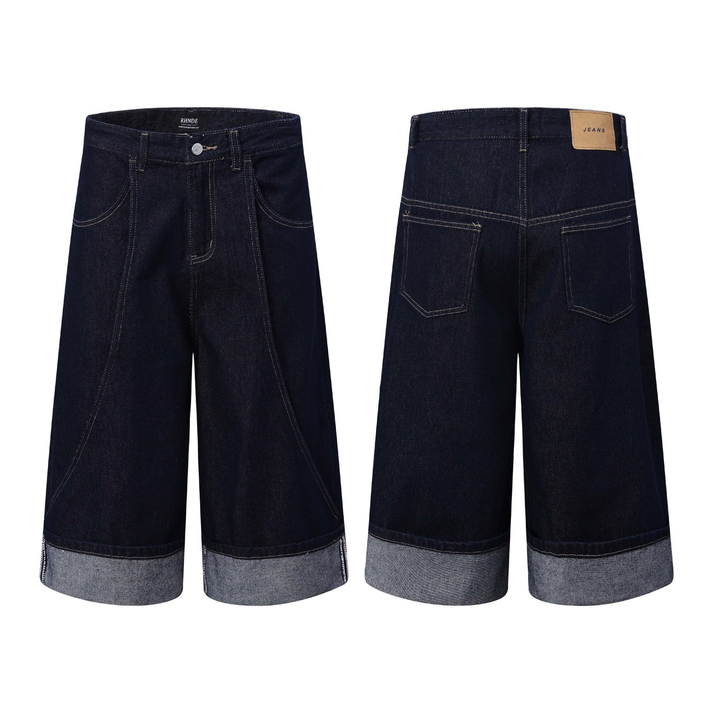 Street Style Spliced Hem Denim Shorts - Unisex Loose Fit