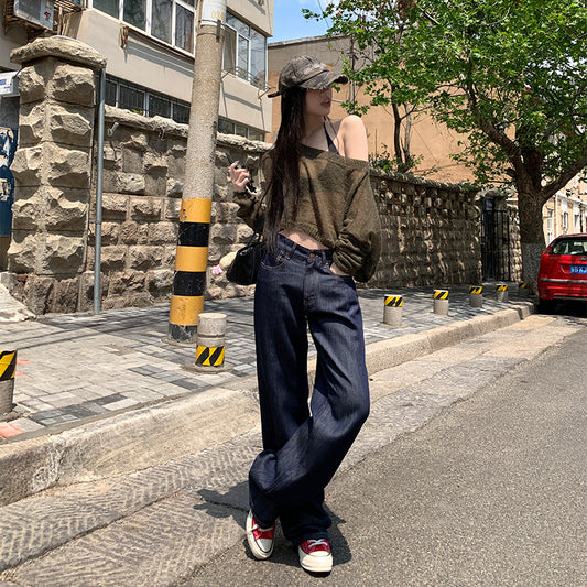 Lyocell Tencel Dark Blue Wide Leg Jeans for Women - Low Waist Loose Slimming Drape Pants