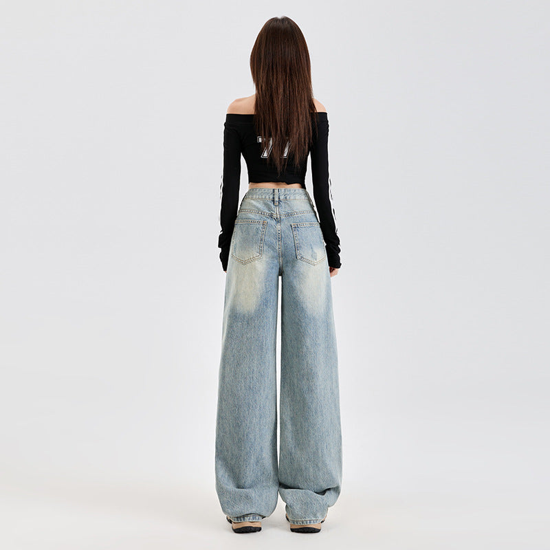 Denim Pants Spring New Washed Distressed Floor-Length Wide Straight Leg Pants for Women