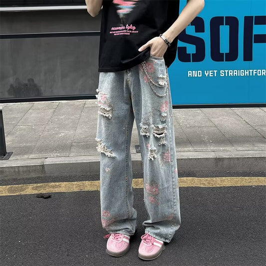 Flower Hole Cowboy Rose Full Print Straight Pants