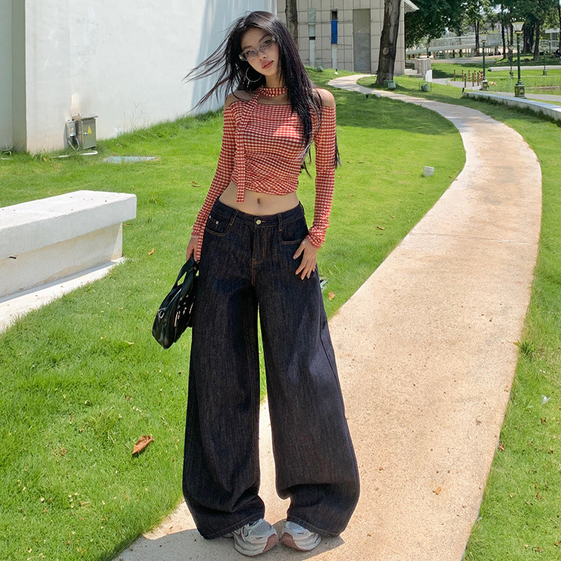 Original Color Denim Pants for Women - Loose High Waist Slimming Versatile Wide Leg Floor-Length Pants